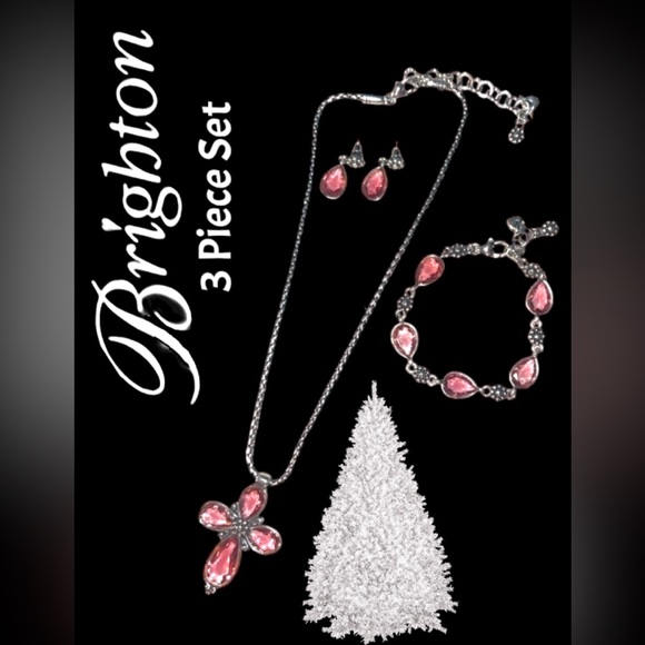 BRIGHTON 3 PIECE SET -LaVie Iridescent Pink Crystal Cross w/ Earrings & Bracelet - Picture 14 of 15